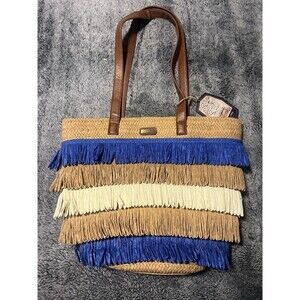 NWT Sun 'N' Sand Accessories Blue Natural Striped Straw Zipper Shoulder Tote Bag